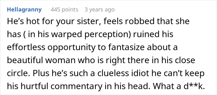 Screenshot of Reddit comment revealing a husband's obsession with sister&rsquo;s weight and hurtful commentary uncovered.