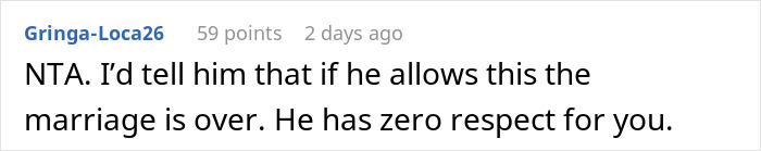 Comment highlighting a wife feeling hurt and disrespected after husband approves a long family stay without consulting her.