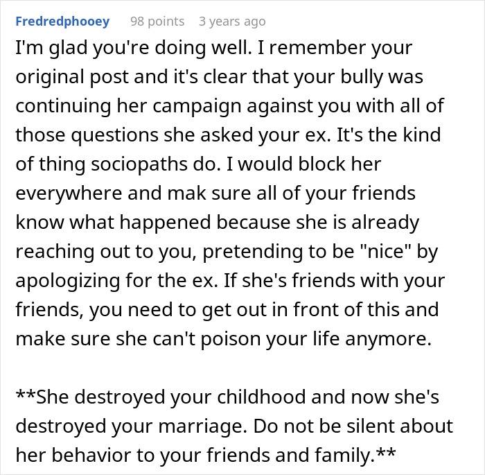 Reddit comment advising a woman on handling a bully after uncovering husband&rsquo;s affair causing life upheaval.