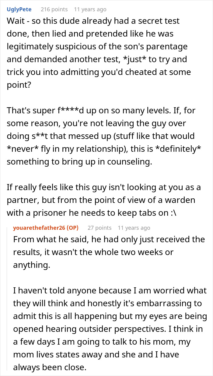 Screenshot of a Reddit conversation discussing a secret paternity test and relationship trust issues between a husband and wife.