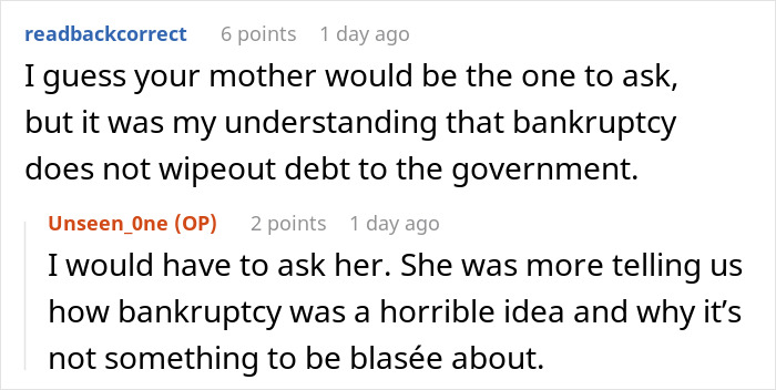 Reddit users discussing bankruptcy and debt, debating its impact and misconceptions in a text comment format.