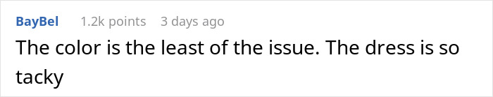 Screenshot of an online comment discussing a woman wanting to wear a white dress to a wedding and color confusion.