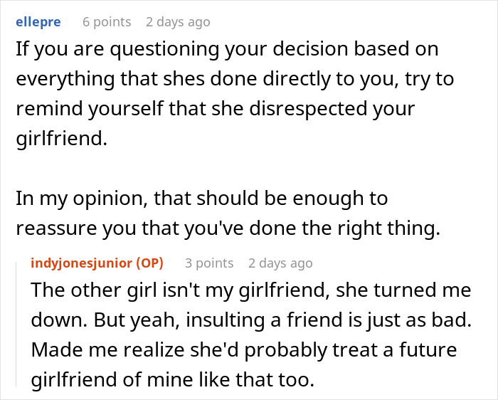 Screenshot of an online conversation about a woman trying to make a friend fall in love and getting blocked instead.
