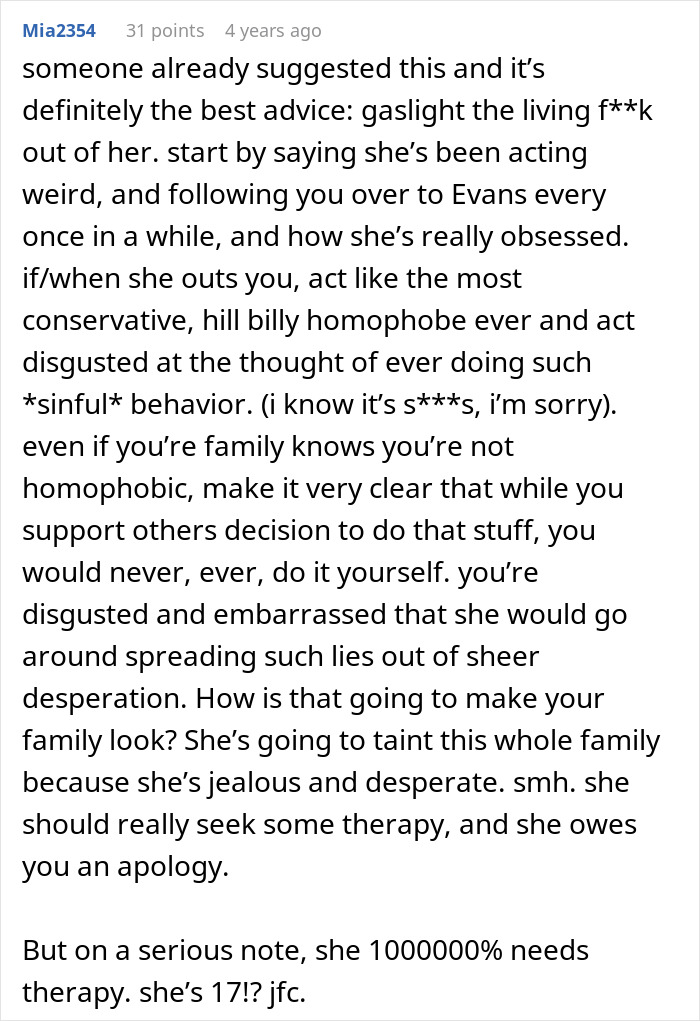 Comment discussing advice on handling a situation where a guy&rsquo;s sister catches him with his secret boyfriend.