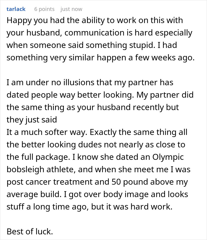 Text comment about husband downgrading from gorgeous to kind, with mention of ex being model pretty and relationship challenges. Text comment about husband downgrading from gorgeous to kind, with mention of ex being model pretty and relationship challenges.