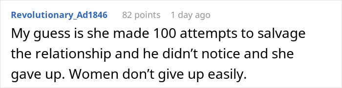 Screenshot of an online comment discussing a man trying to understand why his fianc&eacute;e left him.