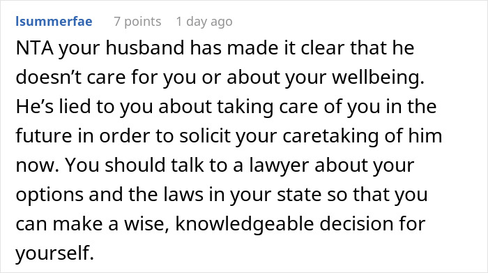 Screenshot of an online comment discussing a husband lying about inheritance and endangering his caregiving wife&rsquo;s future.