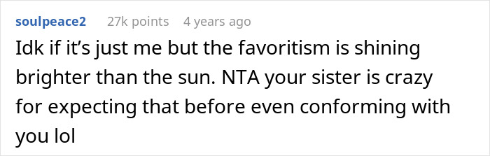 Screenshot of a Reddit comment discussing favoritism and a sister’s unrealistic honeymoon expectations at sibling’s house. Screenshot of a Reddit comment discussing favoritism and a sister’s unrealistic honeymoon expectations at sibling’s house.
