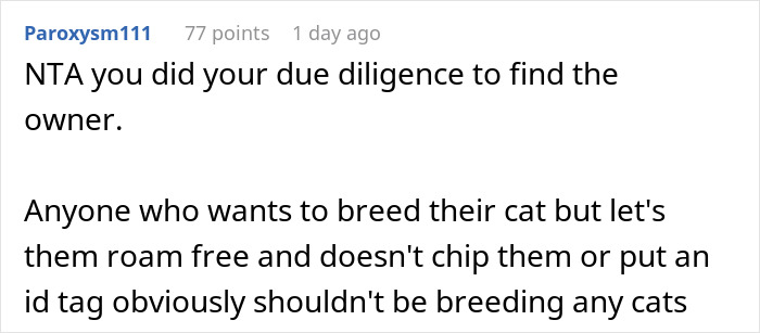 User comment on neutering neighbor cat stray, emphasizing responsibility and finding the owner before action.