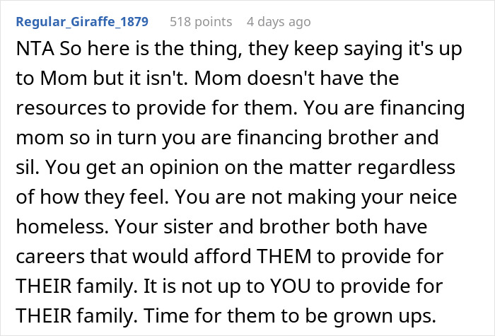 Comment discussing a family expecting grandma to support them financially so the wife can be a stay-at-home mom.
