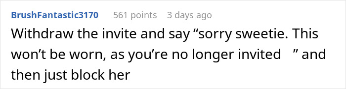 Comment on a forum about a woman wanting to wear a white dress to a wedding, discussing the dress color disagreement.