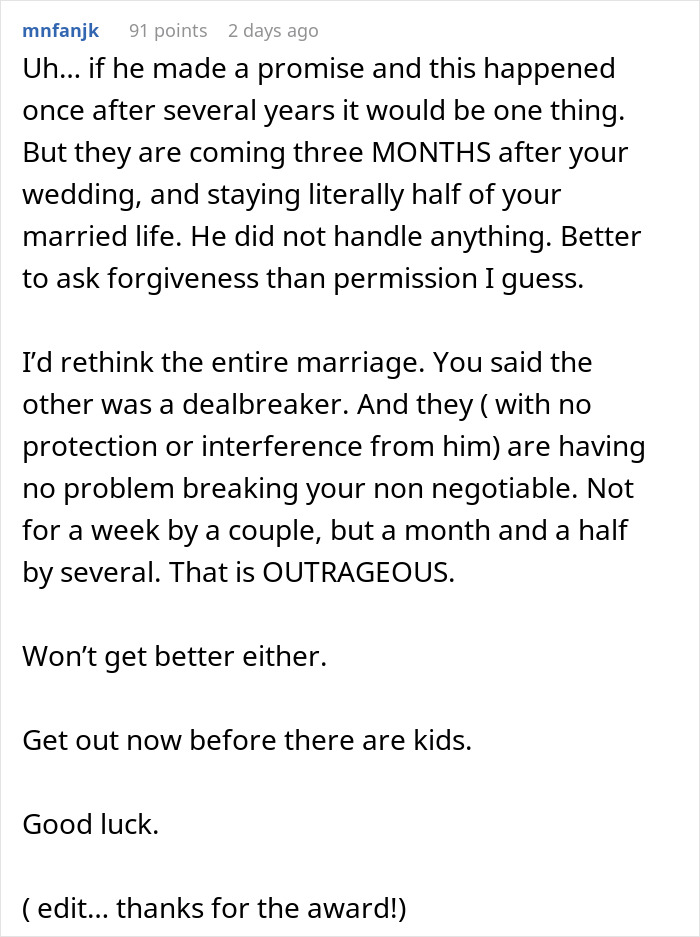 Screenshot of a Reddit comment discussing a wife feeling hurt and disrespected over husband approving family&rsquo;s long stay without asking.