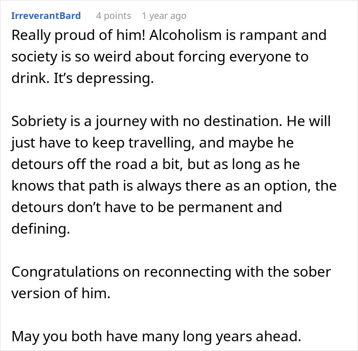 Screenshot of a supportive online comment discussing sobriety and reconnecting in a heartfelt love story.