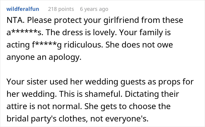 Screenshot of a Reddit comment discussing drama caused by a guy approving an outfit for his sister&rsquo;s wedding.