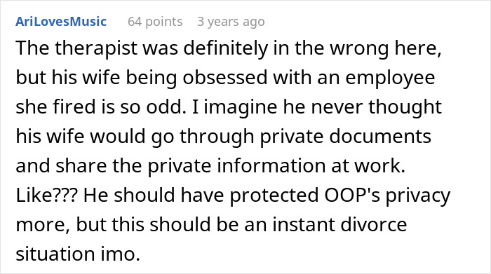 Screenshot of a comment discussing a therapist breaching privacy and a boss's wife sharing personal information at work.