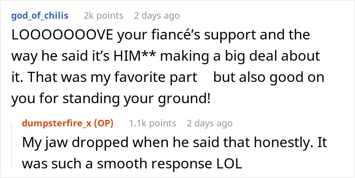 Reddit comments praising fianc&eacute;&rsquo;s support and smooth response in woman wants to wear white dress to wedding dispute.