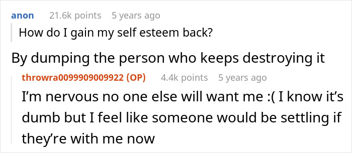 Screenshot of an online conversation about self-esteem and relationship struggles involving nagging to lose weight.