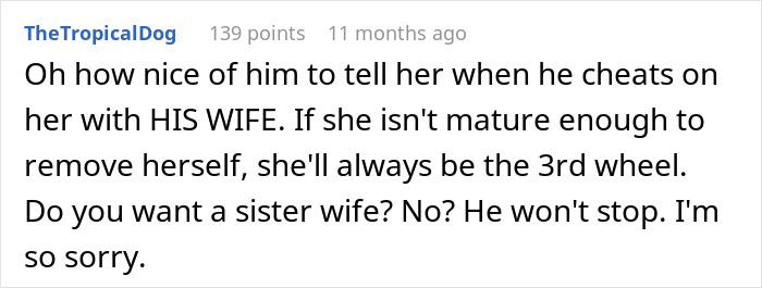 Screenshot of online comment discussing a woman involved with a married man and the resulting relationship drama.