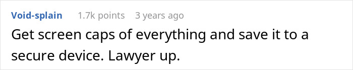 Screenshot of advice text urging to save evidence securely and consult a lawyer after uncovering husband&rsquo;s affair.