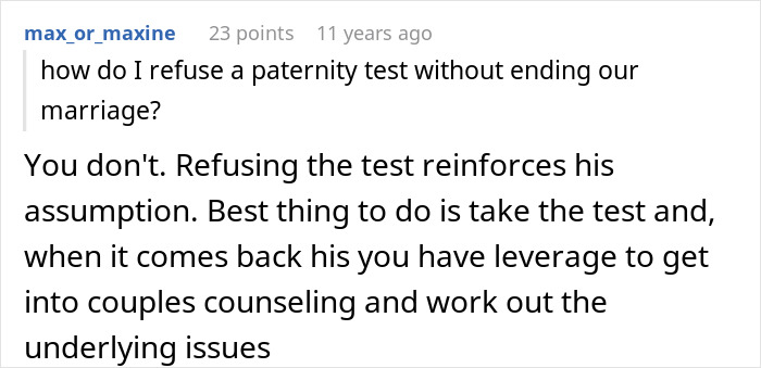 Screenshot of online discussion about refusing a paternity test and suggesting couples counseling for underlying issues.