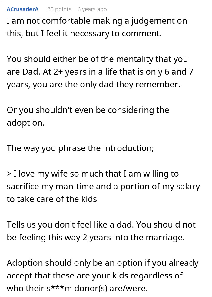 Comment discussing a man refusing to adopt wife's kids after discovering hidden truth about their father.