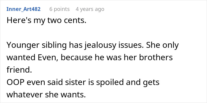 Comment discussing sibling jealousy and a sister demanding her brother dump his secret boyfriend for her to date instead.