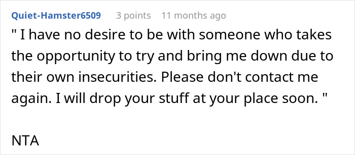 Comment text from user Quiet-Hamster6509 refusing contact after being dismissed and accused unfairly about career success.