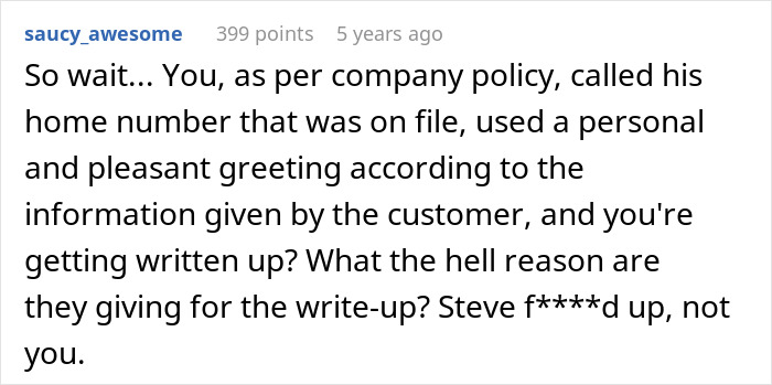 User comment discussing company policy and employee write-up after accidentally revealing a mistress to a customer’s wife causing chaos. User comment discussing company policy and employee write-up after accidentally revealing a mistress to a customer’s wife causing chaos.