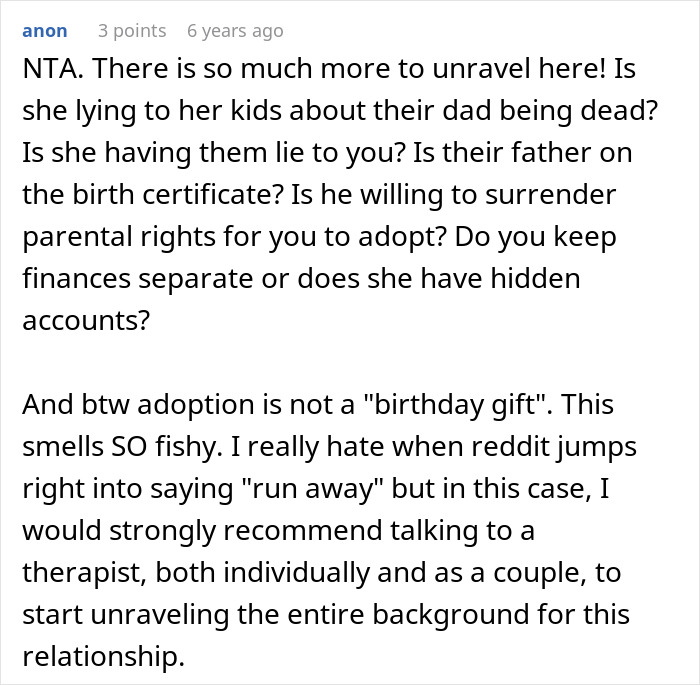 Reddit comment discussing a man refusing to adopt wife's kids after discovering hidden truths about their father.