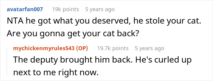 Reddit user discusses neighbors stealing her cat and the deputy sheriff helping to retrieve it.