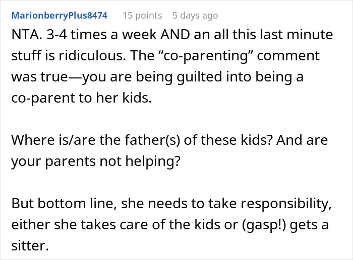 Screenshot of a Reddit comment discussing co-parenting guilt and the need for a mom to stop using sister as a free sitter.