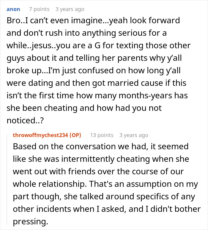 Reddit conversation about a woman admitting multiple cheating incidents and husband telling her parents before leaving.