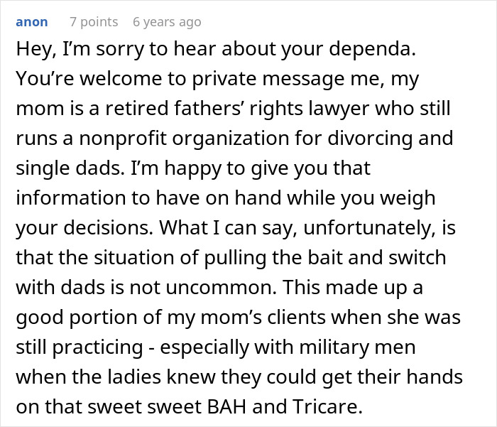 Comment discussing fathers' rights lawyer and issues of paternity doubt after chance meeting with old friend.