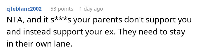 Comment discussing grandparents guilt trip kid over his mom, with dad deciding to cut them off due to lack of support.