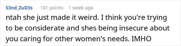 Screenshot of a Reddit comment discussing a man stashing Midol and tampons in bathroom, sparking drama over virtue signaling.