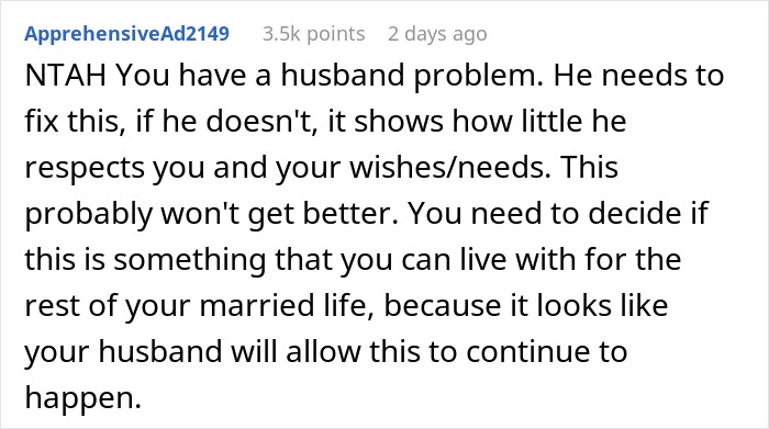 Comment discussing a wife feeling hurt and disrespected after husband approves family&rsquo;s 6-week stay without consulting her.