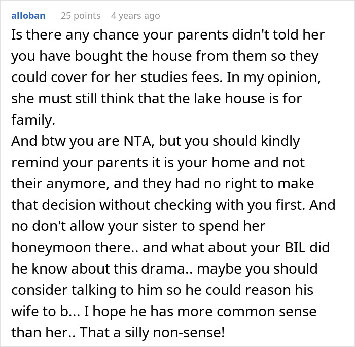 Reddit comment discussing family tensions around sister spending honeymoon at sibling’s house with harsh reality check. Reddit comment discussing family tensions around sister spending honeymoon at sibling’s house with harsh reality check.