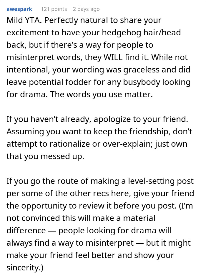 Comment section screenshot showing a user advising to apologize and own a mistake after buzzing hair following a friend&rsquo;s wedding.
