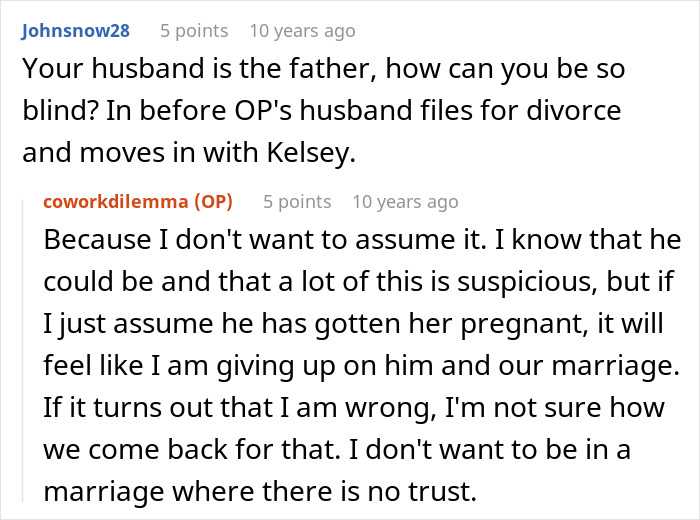 Screenshot of a Reddit conversation about a man taking care of a pregnant coworker and marriage trust issues.