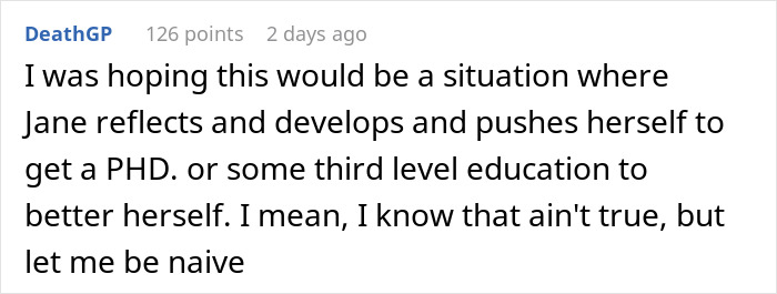 Comment text discussing a hope for personal growth through a PhD despite current challenges in joblessness and family competition.