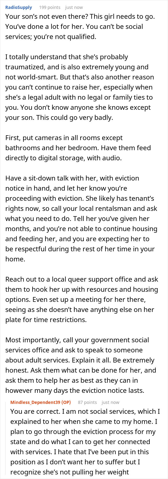 Screenshot of a Reddit thread discussing challenges of living with boyfriend&rsquo;s family and eviction concerns.