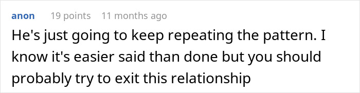 Text message screenshot showing advice to exit a toxic relationship with a married man repeating harmful patterns.
