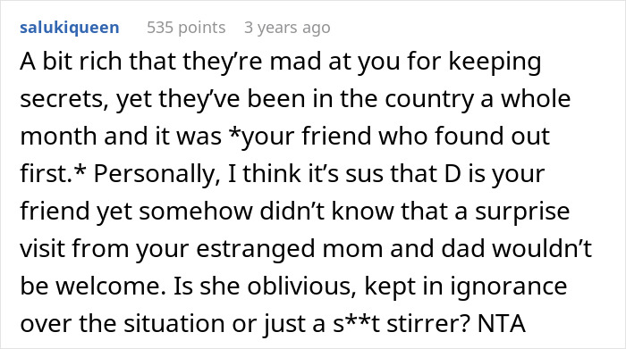 Comment discussing parents upset a daughter didn&rsquo;t tell them she bought a house, highlighting secrets and surprise visits.