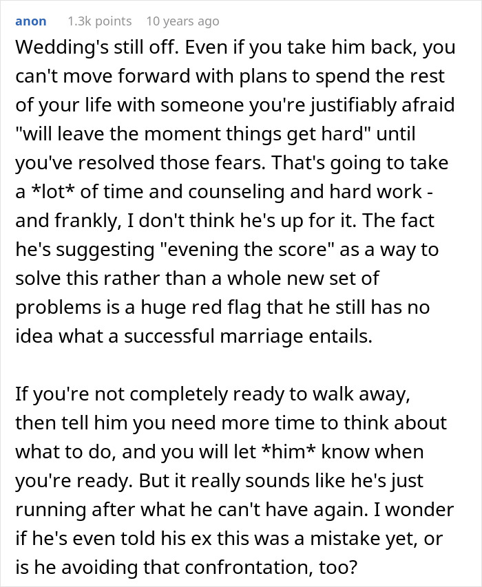 Comment discussing a man&rsquo;s deep regret after ditching fianc&eacute;e to chase the one that got away and relationship issues.