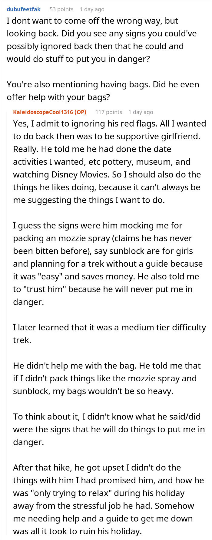 Reddit conversation discussing men abandoning their partners during outdoor activities and ignoring safety concerns.