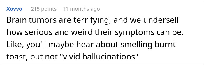 Screenshot of a forum post discussing terrifying brain tumor symptoms including vivid hallucinations and unusual sensory experiences.