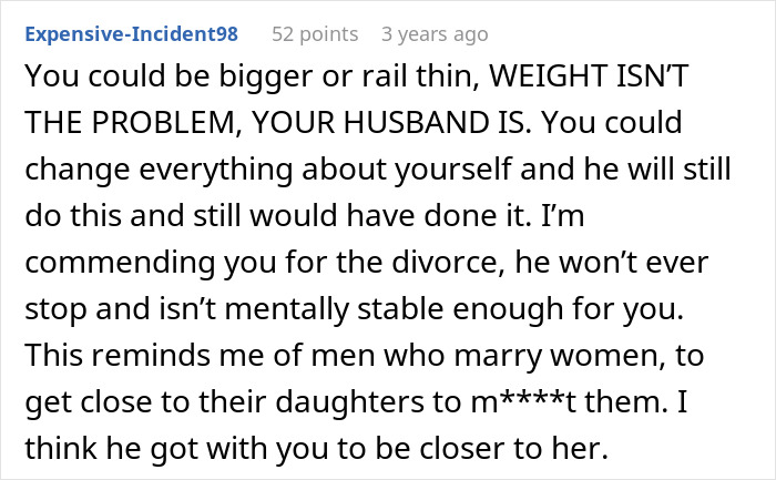 Comment discussing husband&rsquo;s obsession with sister&rsquo;s weight and advising divorce due to his mental instability.