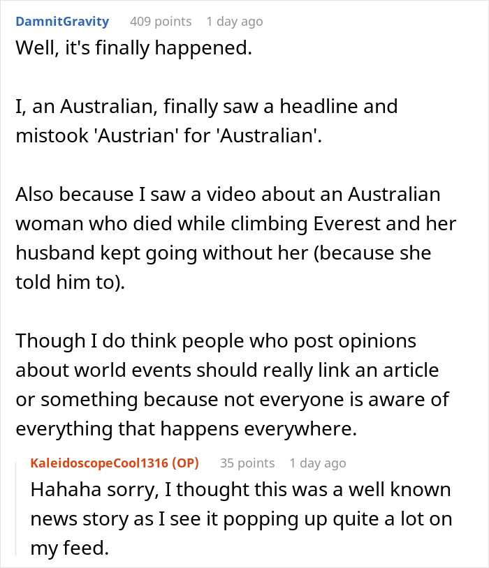 Online conversation about men abandoning their partners during outdoor activities and related climbing incident discussion.