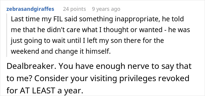 Comment discussing new mom's anxiety during in-laws' visits and criticism of husband for allowing the situation.