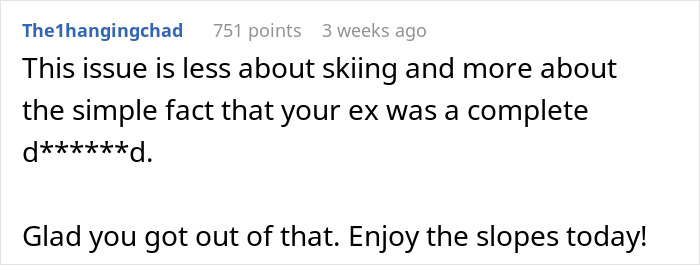 Comment discussing men abandoning partners during outdoor skiing activities, highlighting relationship issues.